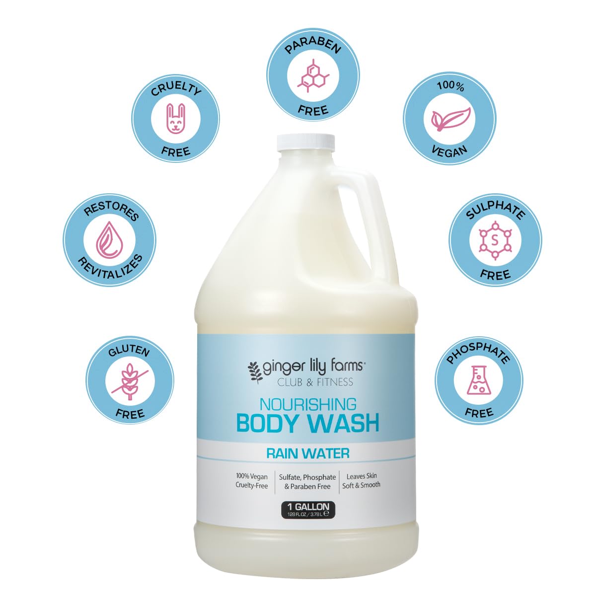 Ginger Lily Farms Club & Fitness Nourishing Body Wash, 100% Vegan & Cruelty-Free, Bath & Shower Gel for Men and Women, Rain Water Scent, 1 Gallon (128 fl. oz.) Refill