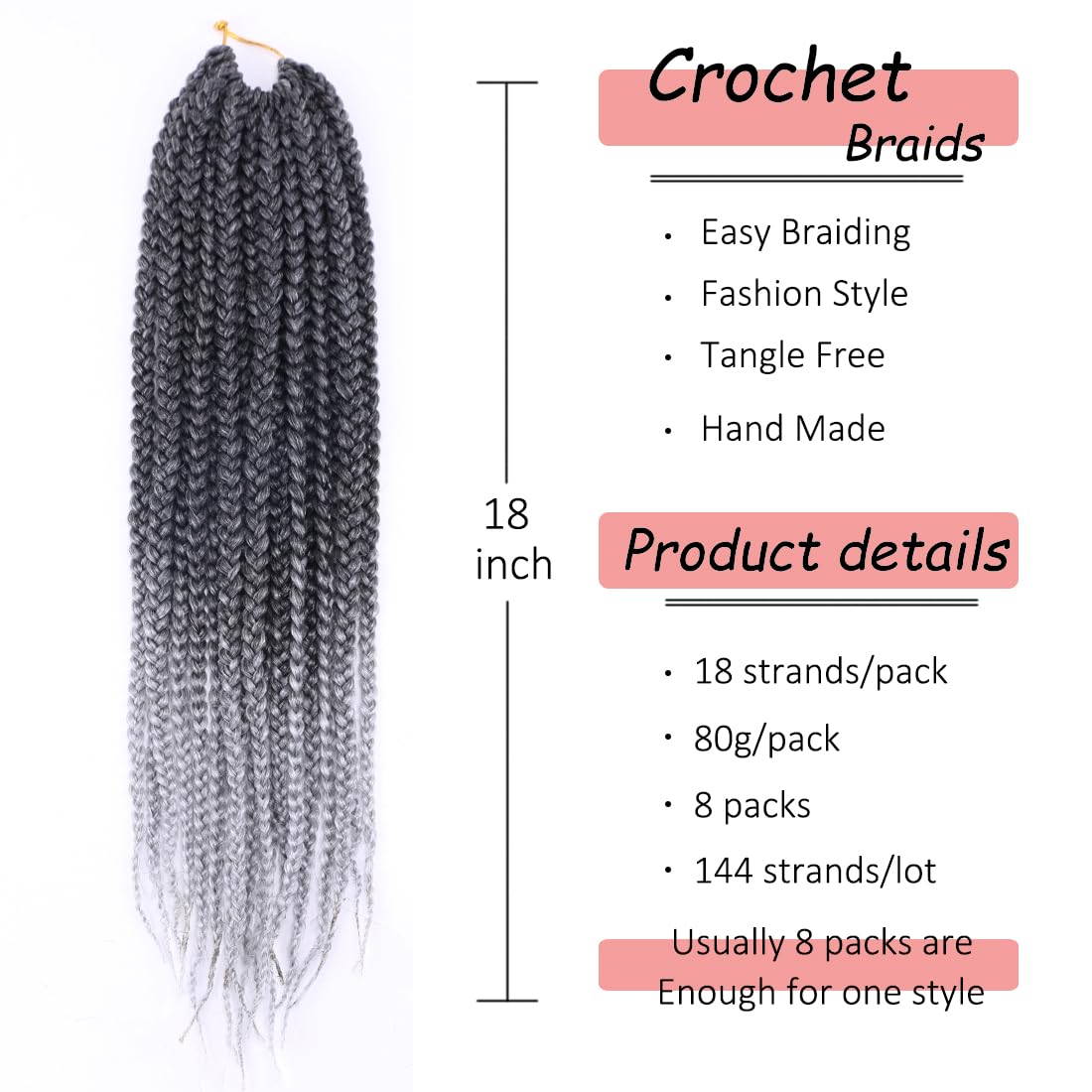 8 Packs Goddess Crochet Box Braids Pre looped Box Braid Crochet Hair for Black Women 18 Inch Silver Gray 3X Knotless Crochet Box Braided Hair Extensions Straight Knotless Braiding Hair(Tgrey#)