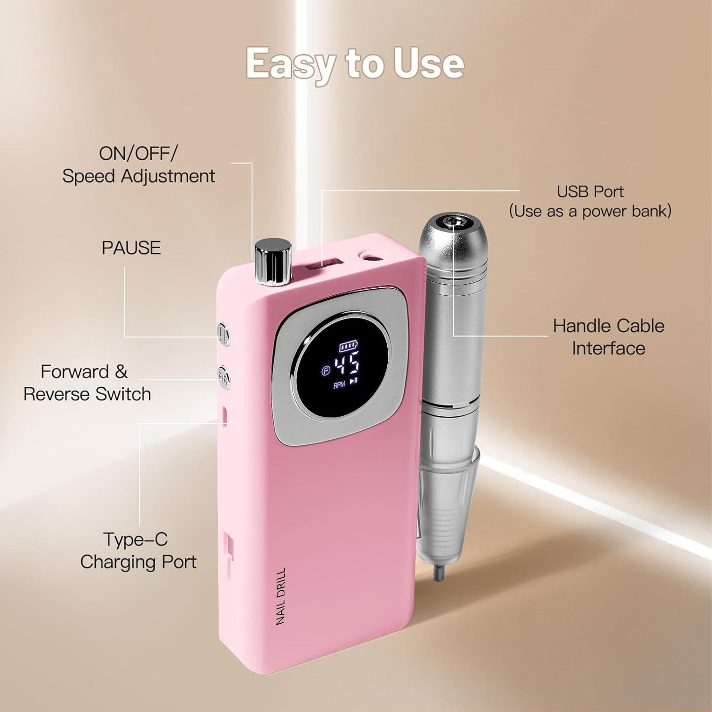 Rechargeable Electric Nail File - 45000RPM Portable Efile Nail Drill Kit for Acrylic Gel Nails | Cordless Pink Nail Drill for Salon & Home Use