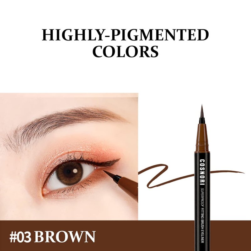 COSNORI Superproof Brush Eyeliner 02 Black Brown - 24h Pen Eyeliner – Super Slim Lasting Liquid Eye Liner - Smudge, Budge Resistant Wear – Allergen Free - 0.02 fl.oz.
