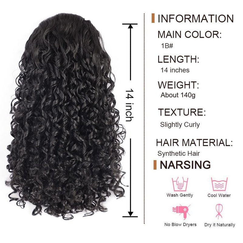 AISI BEAUTY Black Curly Ponytail Extension Drawstring Ponytail for Black Women 14 Inch Fake Pony Tail Synthetic Ponytail with 2 Clips in(Jet Black)