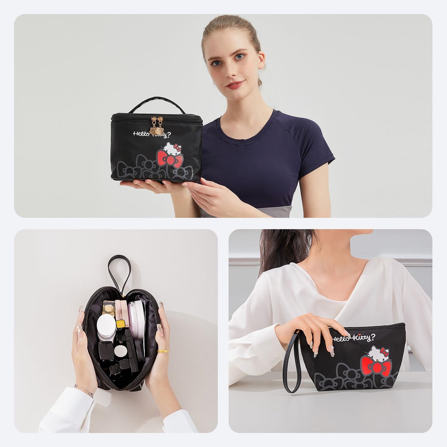 Vimanllie Travel Makeup Bag Large Cosmetic Bags with Brush Holder,Black Waterproof 3PCS Portable Cosmetic Case for Women,Toiletry Bag for Skincare&Beauty Tools for Her