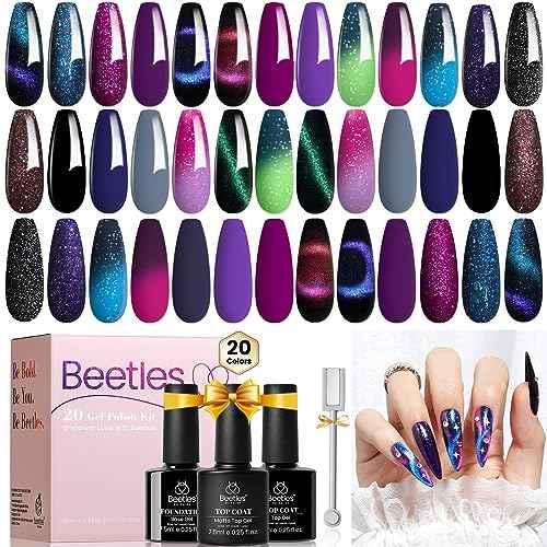 Beetles Cat Eye Gel Polish Set - 24Pcs 20 Colors Glitter Dark Color Changing Gel Nail Polish Kit with Base Gel Glossy Matte Top Coat Soak off UV DIY Nail Art Salon Ombre Black Nails Gift