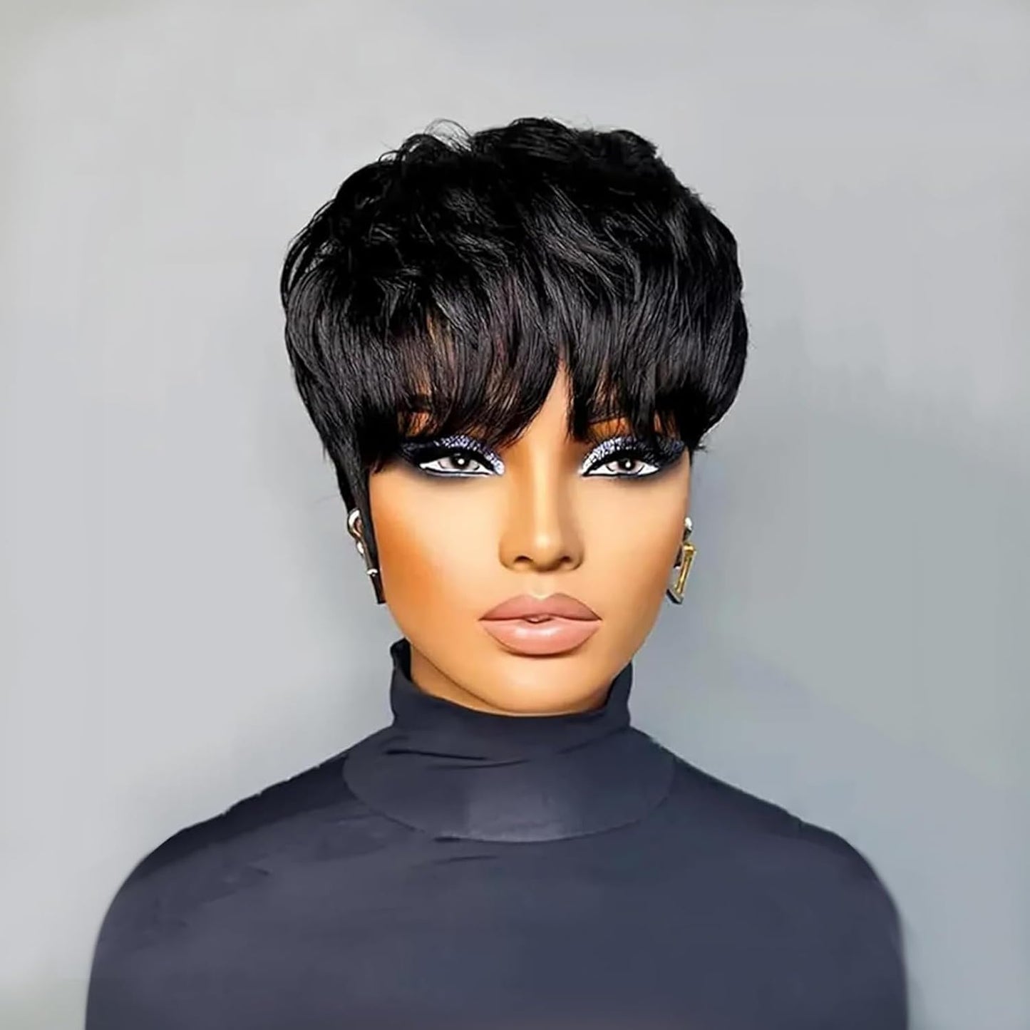 Black Pixie Human Hair Wig for Women - Soft Glueless Layered Style with Bangs | Short Length