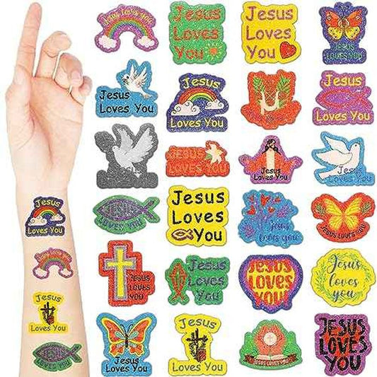 Landhoow 240 Pcs Jesus Loves You Tattoos Temporary for Kids Glitter Face Tattoos Cool Body Sticker Costume Accessory for Adults Boys Girls Party Favor