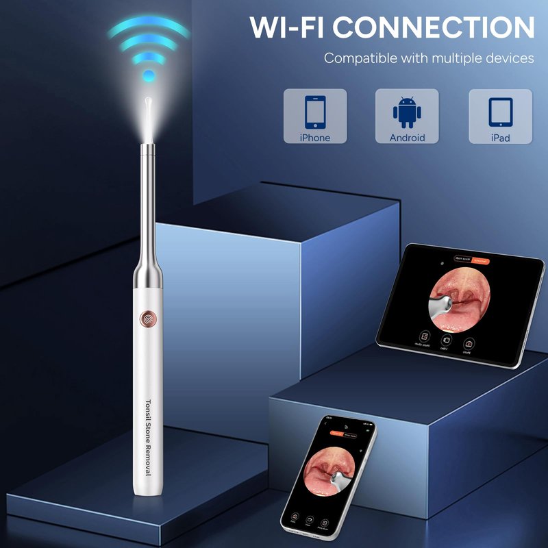 Tonsil Stone Remover with Camera - Upgraded Visual Tonsil Stone Removal Kit with 6 LED Light -Tonsil Stone Remover Tool with 1080P Camera, 5 Stainless Steel Heads, Irrigator, for iOS & Android(White)