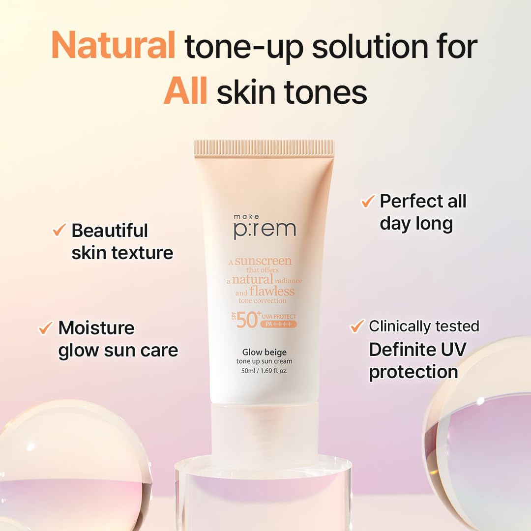 MAKE P:REM Glow Beige Tone Up Sunscreen, Foundation-Free Mineral Sun Care, Skin Tone Correction, Lightweight, Korean Sunscreen, Korean Skin Care, SPF 50, 1.69 fl.oz. (50ml)