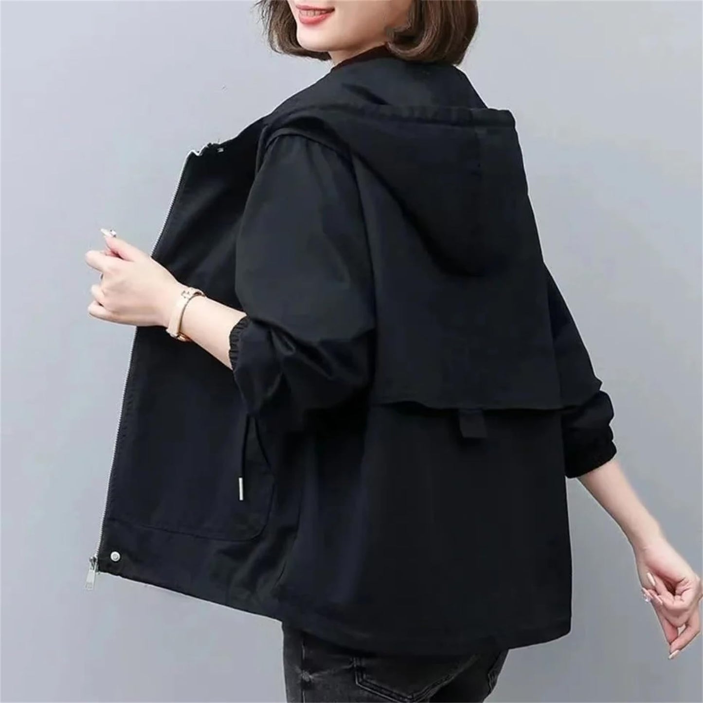 Women Trench Coat Single Long-Sleeved Short Hooded Windbreaker Outwear Coats