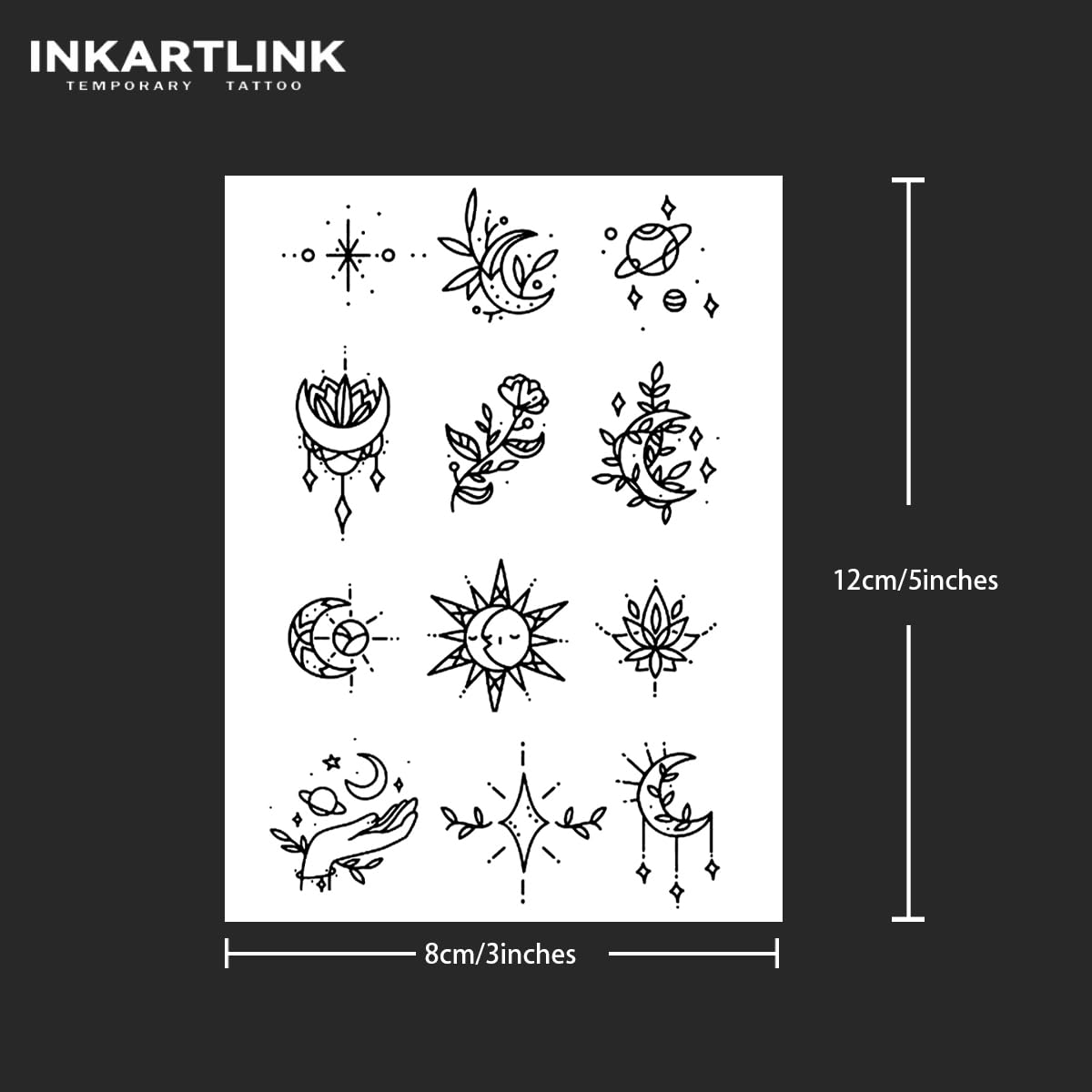 INKARTLINK Tattoo Tech, 2 Sheets Medium Semi Permanent Tattoo, Adult Art Design Temporary Tattoos, Lasts 1-2 Weeks, Waterproof, Realistic Look, No Adhesive, No Reflection (Flower and Planet)