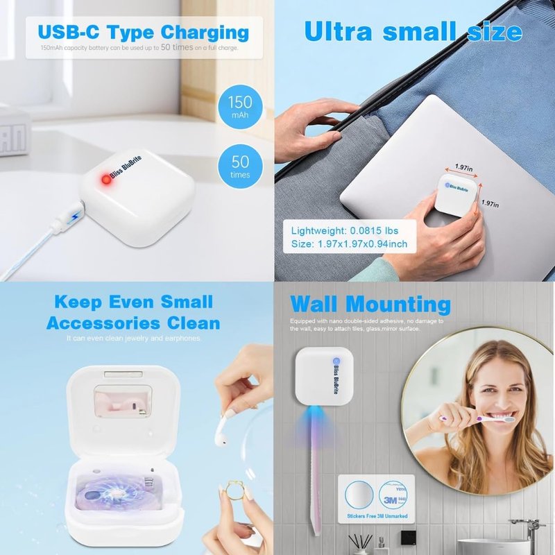 Bliss BluBrite Portable UV-C Toothbrush Sanitizer and Holder – Travel Case for Manual & Electric Toothbrush Heads – UV Light Cleaning Box – USB Rechargeable – Travel-Friendly