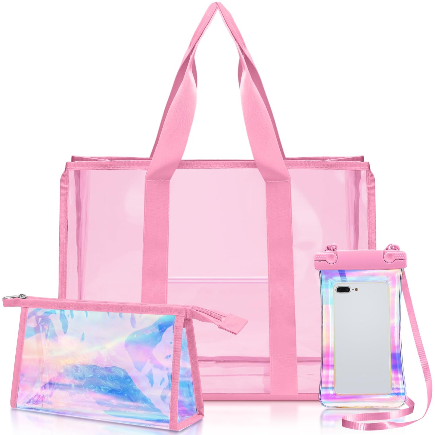 Yoojahow 3 Pcs Waterproof Beach Bags Women Clear Iridescent Tote Bag Cosmetic Pouch for Phone Travel Beach Pool Essentials