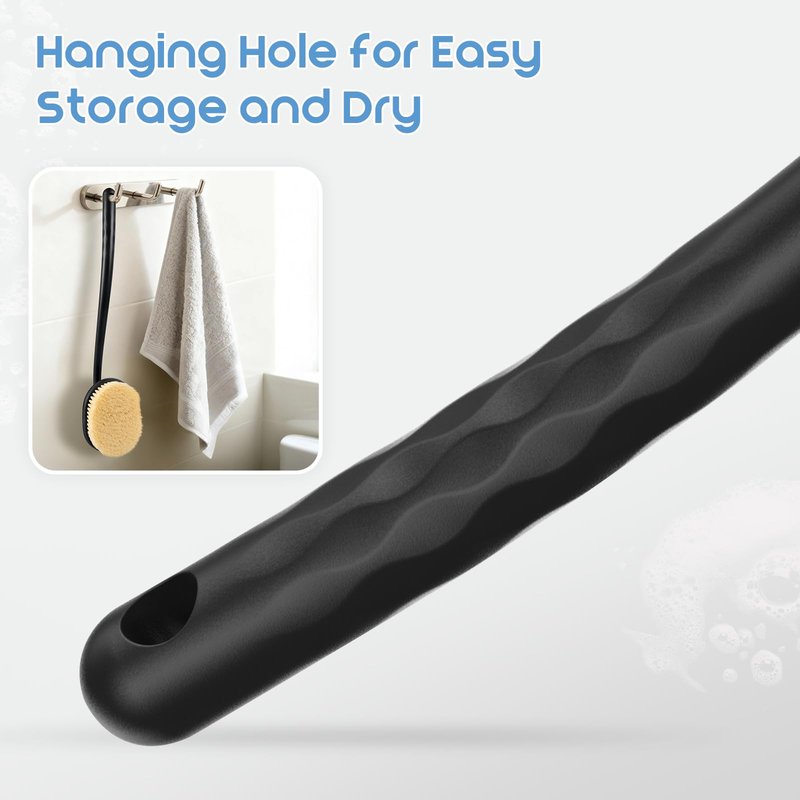 Flexible Up-Down Movement Back Scrubber for Shower for Men & Women, 3 Detachable Back Brush Heads Includes Silicone Body Scrubber, Sponge Bath Brush & Bristle Shower Brush, Wet/Dry Brush, Black