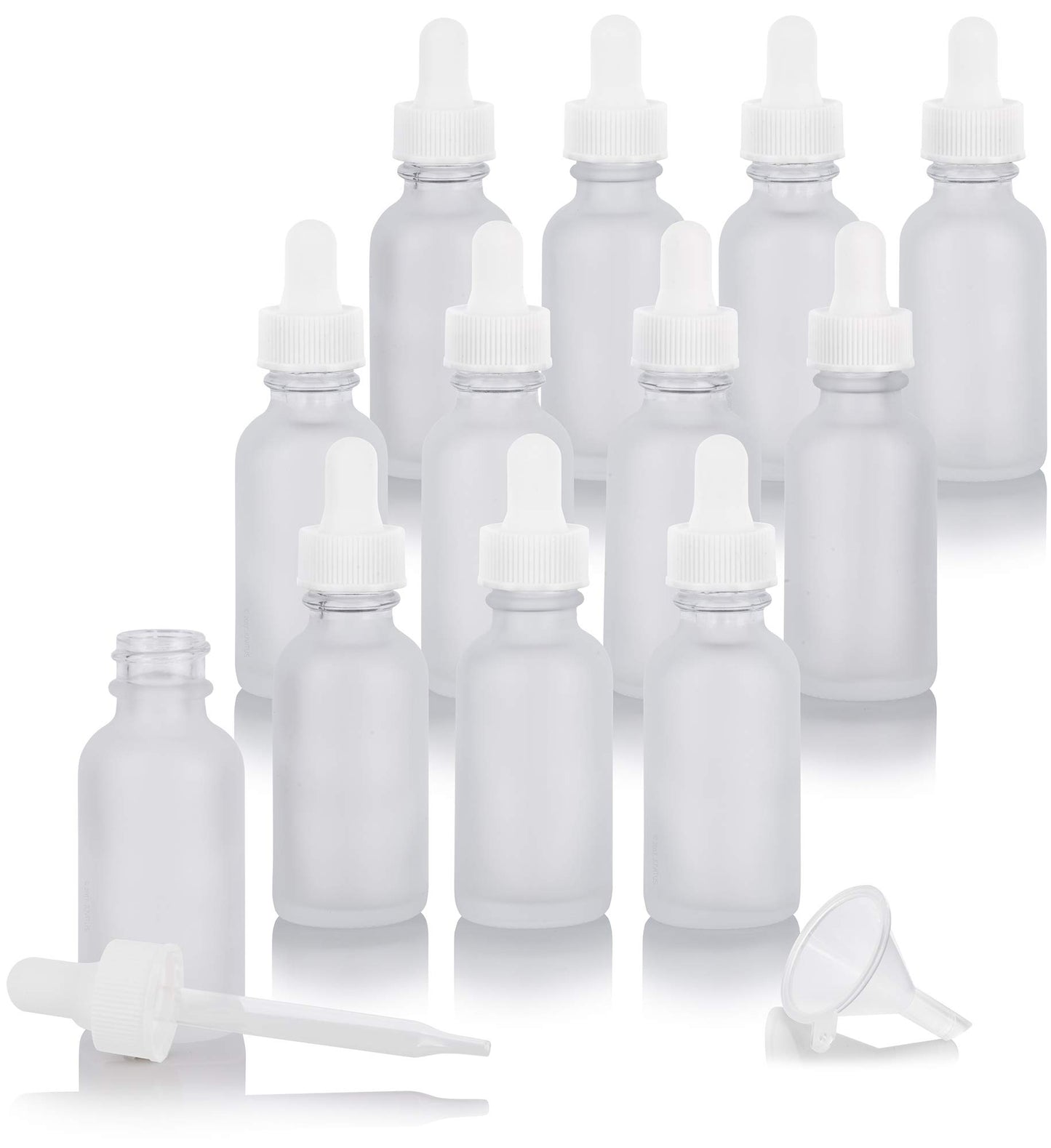 JUVITUS 1 oz / 30 ml Frosted Clear Glass Boston Round Empty Bottle with White Dropper Top Closure (12 Pack)
