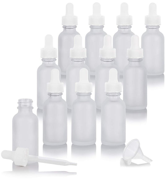 JUVITUS 1 oz / 30 ml Frosted Clear Glass Boston Round Empty Bottle with White Dropper Top Closure (12 Pack)