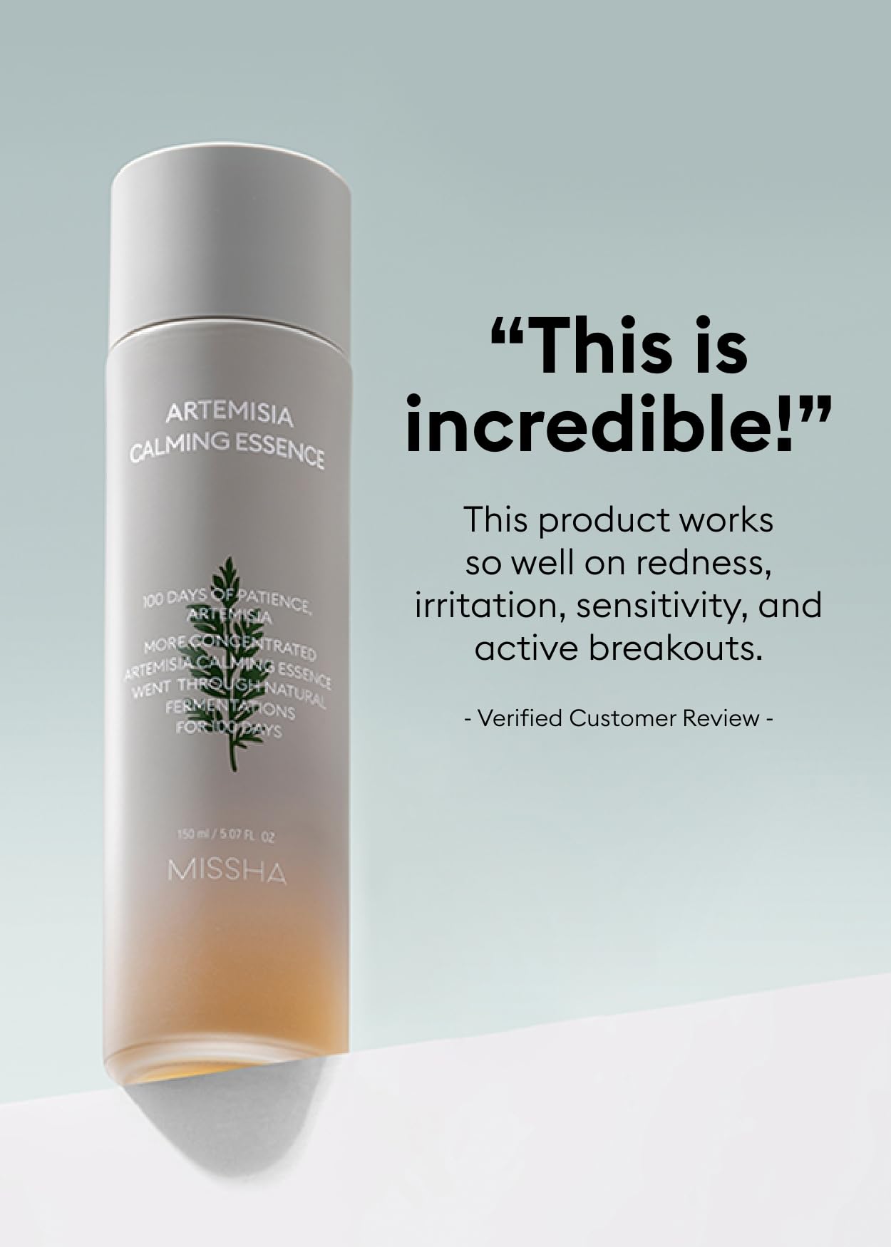 MISSHA Artemisia Calming Essence 5.07 Fl oz / 150ml - 100% Artemisia Annua Extract Facial Toner for Sensitive Skin, Korean Toner with Double-Fermented Mugwort, Soothes Redness & Acne