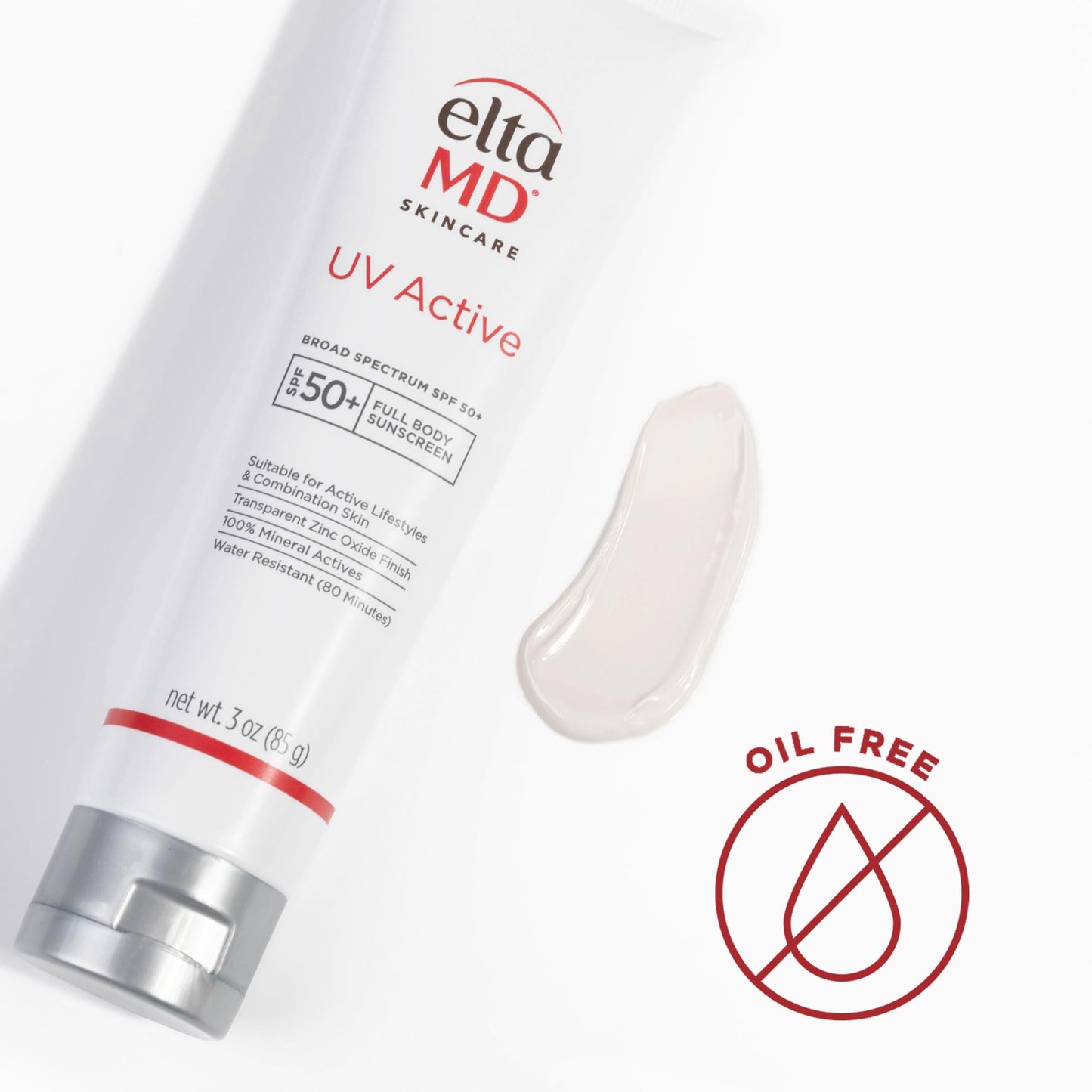 EltaMD UV Active 100% Mineral Sunscreen with Zinc Oxide, Water Resistant Sunscreen SPF 50+ Up to 80 Minutes, Oil Free SPF for Face and Body, 3.0 oz Tube