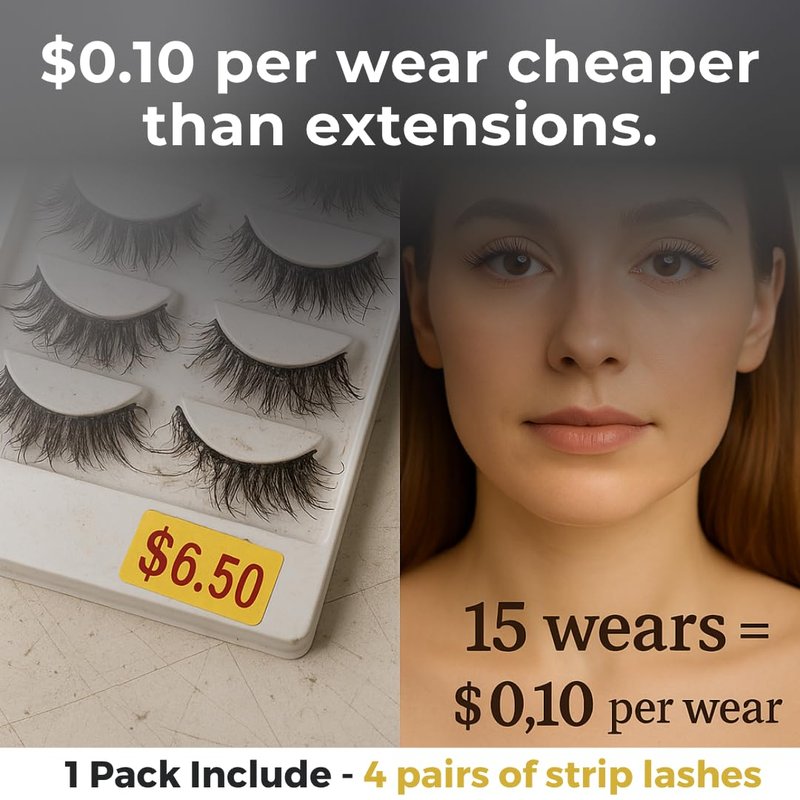 3D08 False Eyelashes - Super Lightweight, Natural Look, Comfortable Band | 4 Pairs for All Eye Types