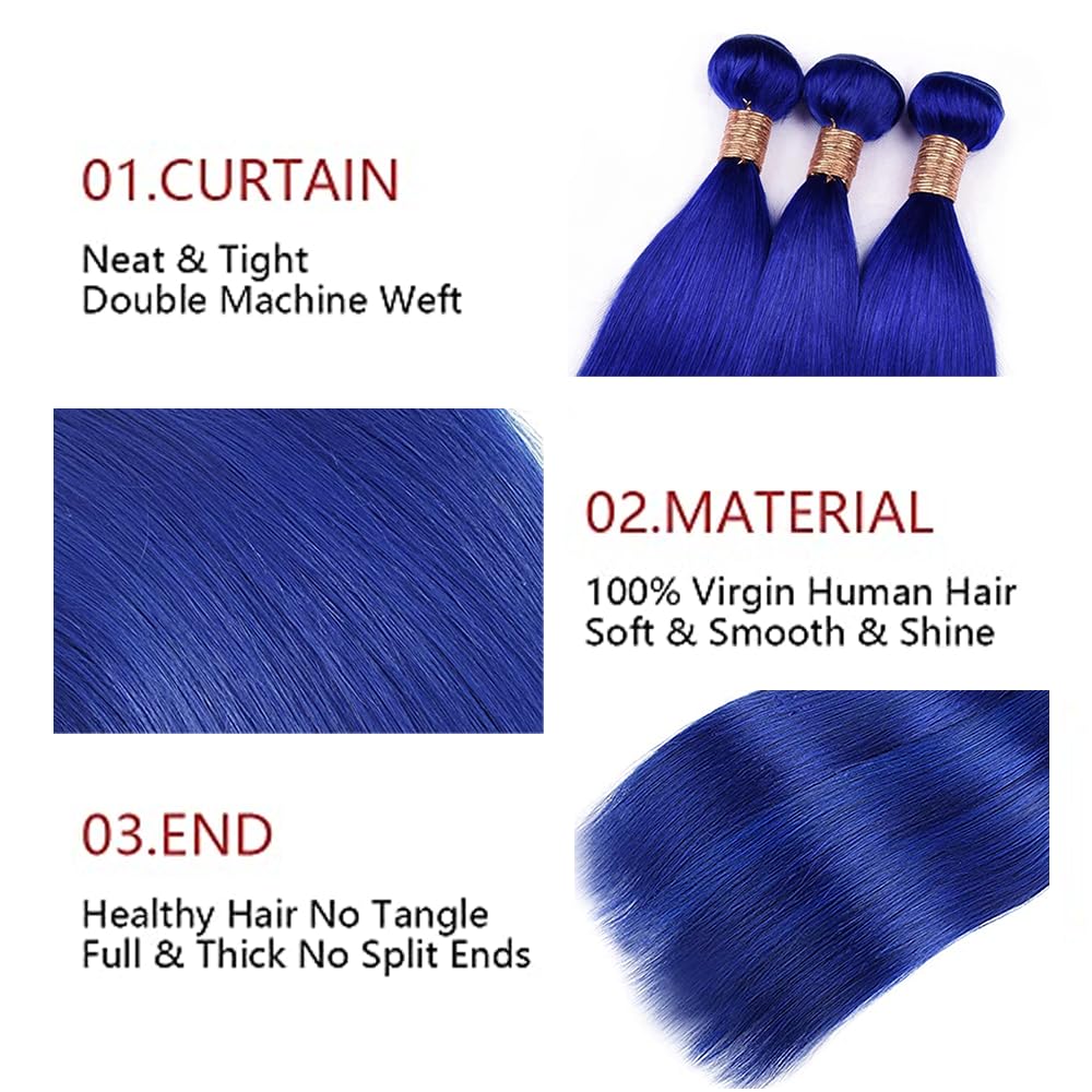 Pure Blue Bundles Human Hair Blue Straight 3 Bundles 24 26 28 inch Unprocessed Brazilian Virgin Human Hair Extensions 300g