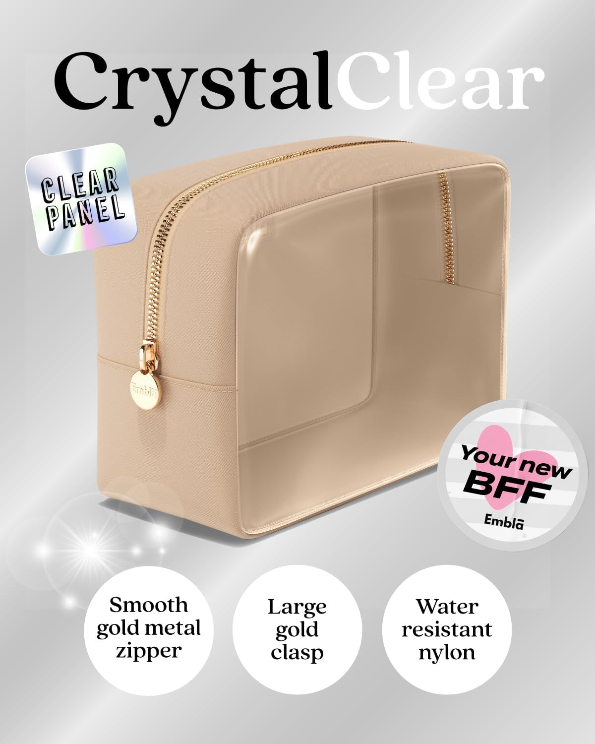 Clear Cosmetic Bags Set of 3 - Mini, Small & Large Makeup Pouches | Travel Toiletry Organizers in Sand
