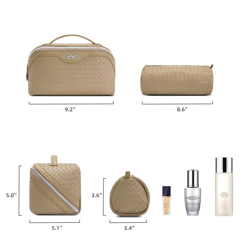BOYATU Travel Makeup Bag Cosmetic Bags for Women: Large Capacity 3 Pcs Set Make up Bag with Compartments - Waterproof Vegan Leather Toiletry Organizer Bags with Handle (L12 Apricot)