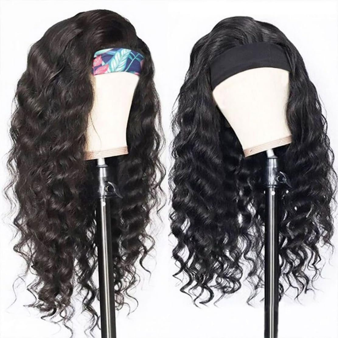 Emistar Curly Headband Wigs for Black Women Wet and Wavy Afro Headband Wig Water Wave Blend Human Hair & Synthetic Hair Ready to Go Glueless Half Wigs 180% Density (#1B, 22 Inch)