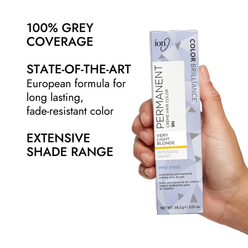 Ion Permanent Creme Hair Color 9N Very Light Blonde, Vegan, Cruelty Free, PPD Free, 100% Gray Coverage, Long Lasting, Fade Resistant Color, 2.05 oz