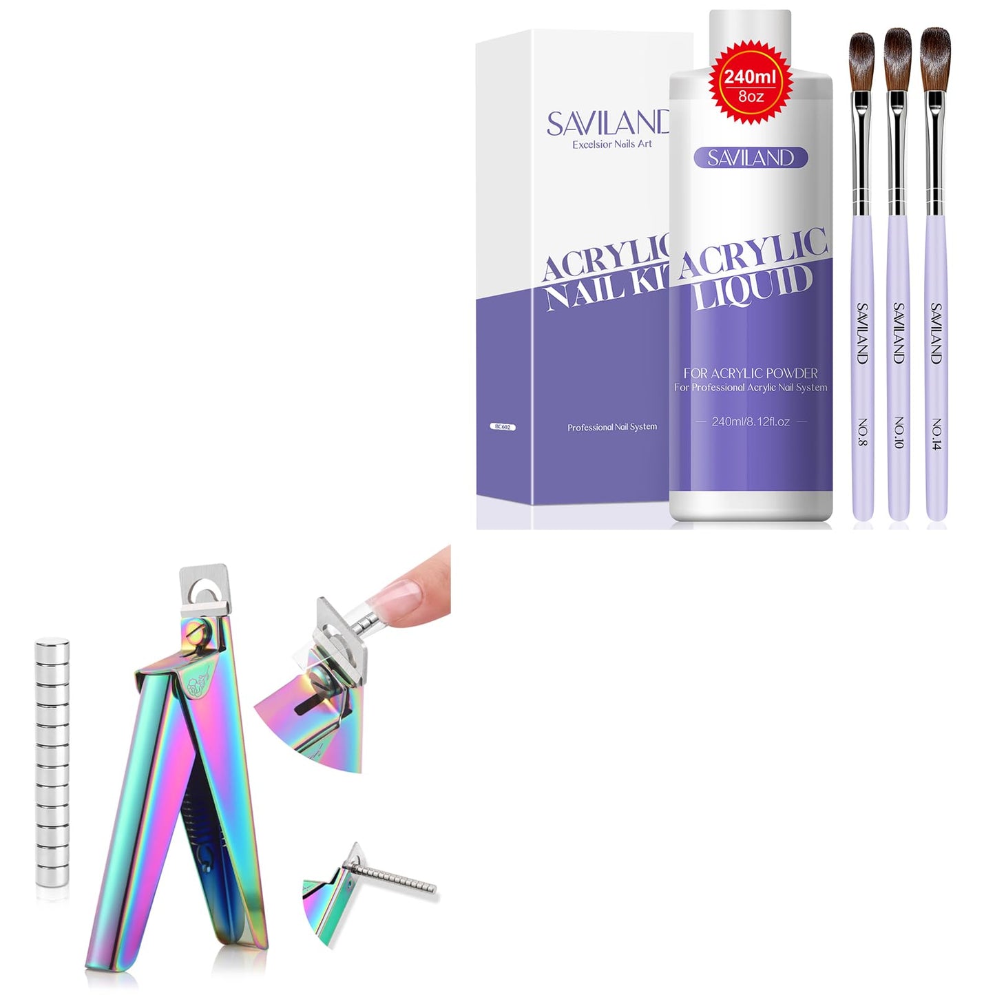 Saviland Monomer Acrylic Nail Liquid – 8.11fl.oz Acrylic Liquid with 3PCS Acrylic Brushes Size Saviland Acrylic Nail Cutters for Nail Tips: Chameleon Acrylic Nails Clipper