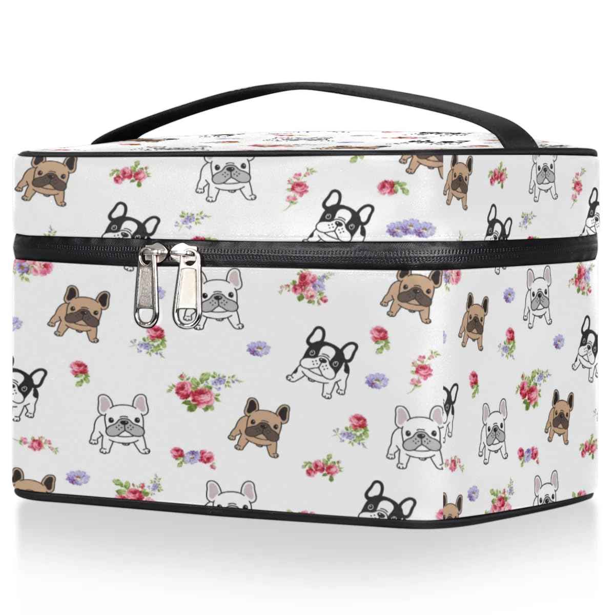 Funky Qiu Makeup Bag,French Bulldog Flower Cosmetic Bags for Woman Girls,Portable Large Capacity Travel Makeup Case Organizer Cosmetic Case Travel Essential