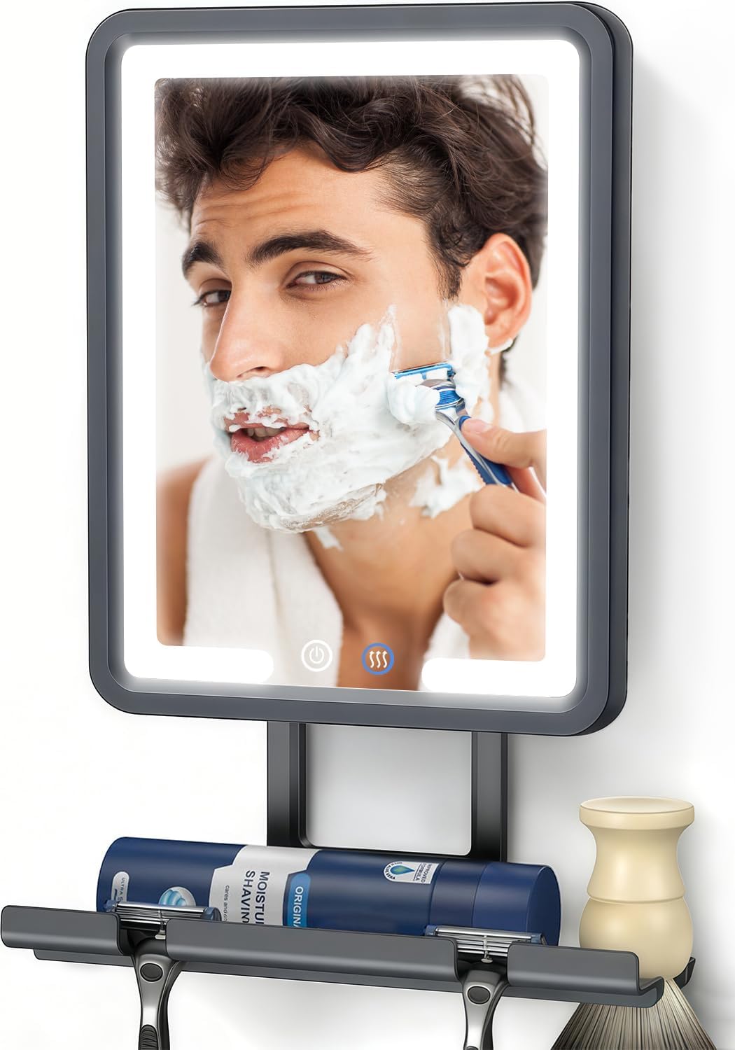 Fogless Heated Shower Mirror - 3-Color Dimmable LED Lights, Rechargeable, Adjustable | Drill-Free with Storage Tray, Black