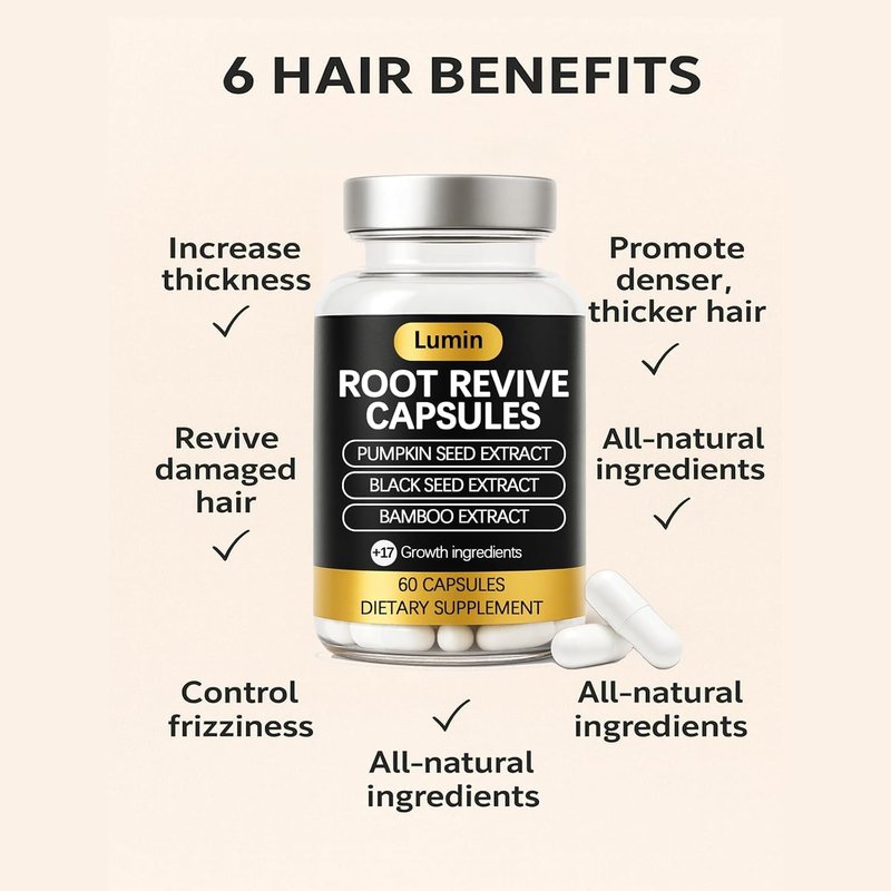 Lumin Root Revive Capsules – Hair Support Supplement for Thinning Hair, Healthy Scalp & Thickness – With Biotin, Black Seed, Bamboo, Saw Palmetto & 17 Nutrient-Rich Ingredients (1)