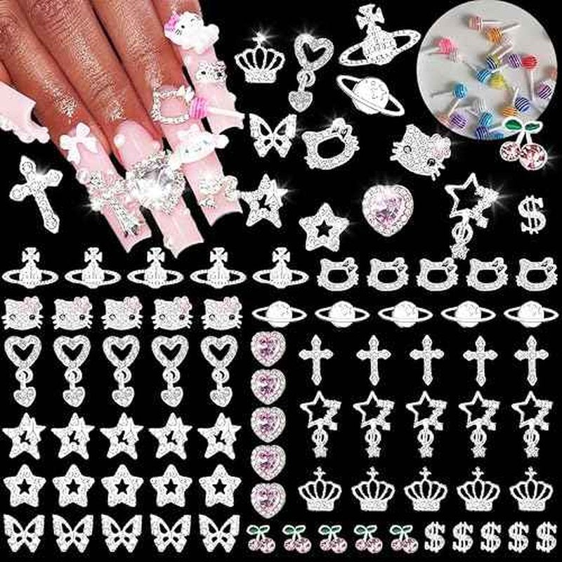 80Pcs Silver Nail Charms Set with Pink Hearts£¬Crosses, Stars,Butterflies, Dollars, Cherries, Crowns,Lollipop Y2k Nail Gems for Women Girls Nail Decorations DIY Craft
