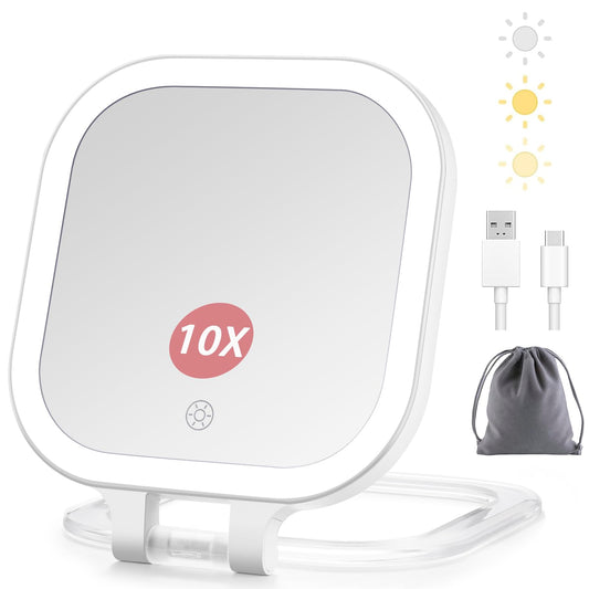 DESCHEN Travel Makeup Mirror with Lights, Rechargeable 1X/10X Magnifying Vanity Mirror, 7" Portable Lighted Makeup Mirror with Magnification & 3 Color Light, Dimmable Touch Screen, Folding LED Mirror