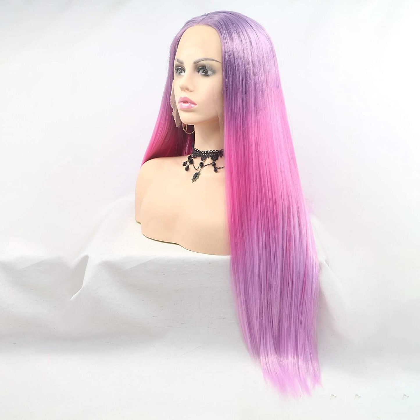Kalisa Long Straight Ombre Purple to Pink Lace Front Wig Middle Parting Synthetic Wig Heat Resistant Fiber Drag Queen Daily Wigs for Women 24 Inches