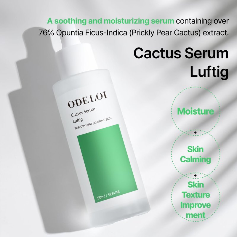 ODELOI Cactus 76% Serum Luftig 1.69 fl.oz / 50ml, Water Based Hydration with Opuntia Extract, Hyaluronic Acid & Allantoin, For Dry and Sensitive Skin Types, Korean Skincare