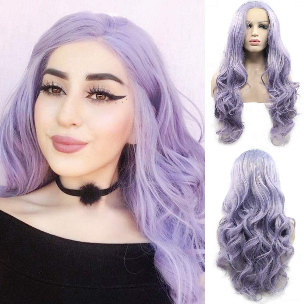 Lilac Purple Lace Front Wigs for Women Soft Wavy Lavender Hair Wig Natural Hairline Realistic Mix Color Long Purple Glueless Synthetic Heat Resistant Fiber Hair Drag Queen Cosplay 24Inch