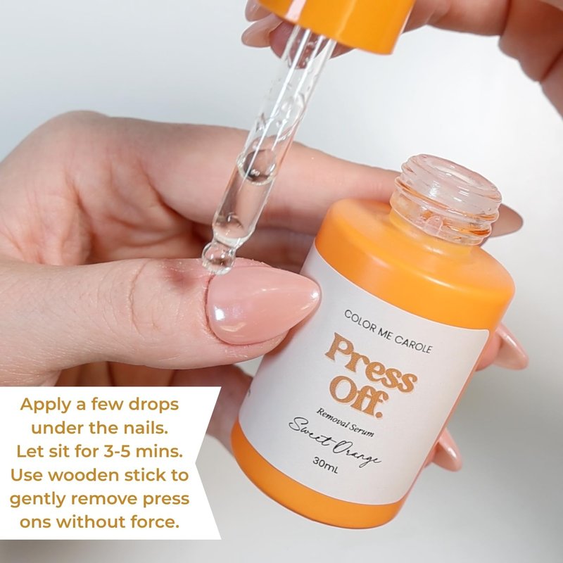 Press Off Nail Removal Serum – 30ml / 1oz Dropper Bottle | Gentle Press On Nail Glue Remover | No Acetone, Fast & Easy Removal | Color Me Carole (30mL, Sweet Orange)