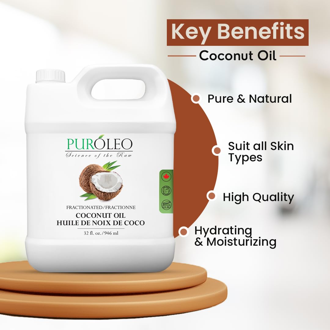 PUROLEO Fractionated Coconut Oil 32 Fl Oz/946 ML (Packed in Canada) 100% Natural and odorless Moisturizer & Carrier Oil l Hair Skin Body, Aromatherapy, Massage, Makeup Remover
