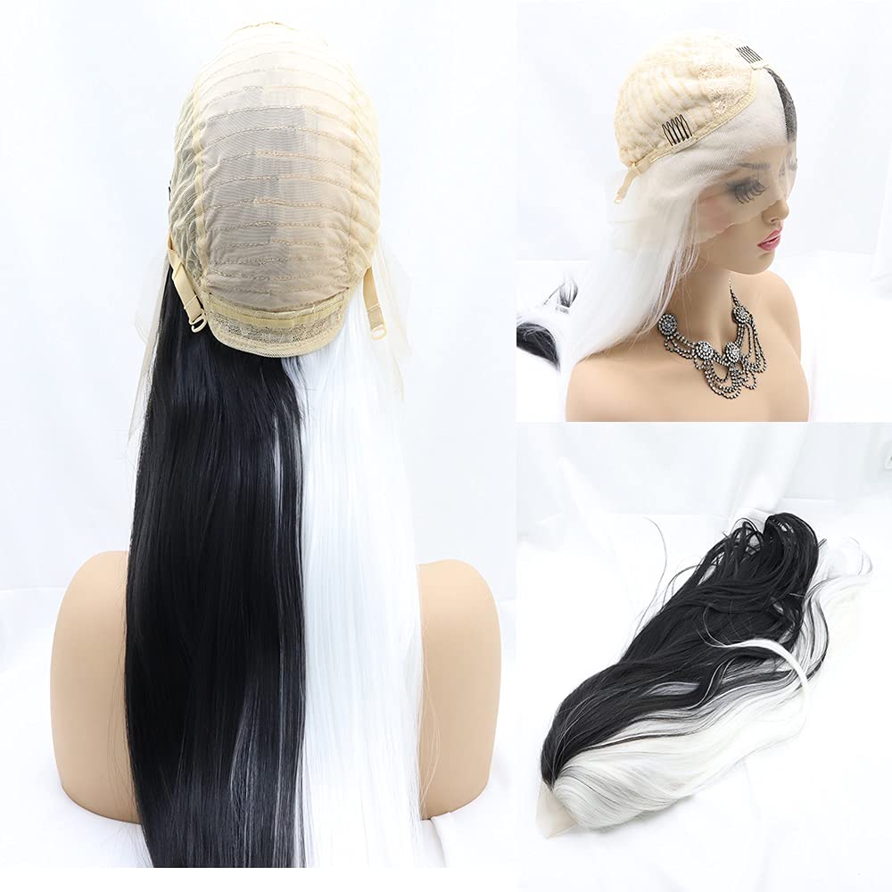 Sylvia 24inches Half Balck and Half White 2 Tones Side Parting Naural Glueless Hairstyle Heat Resistant Synthetic Lace Front wigs for Women