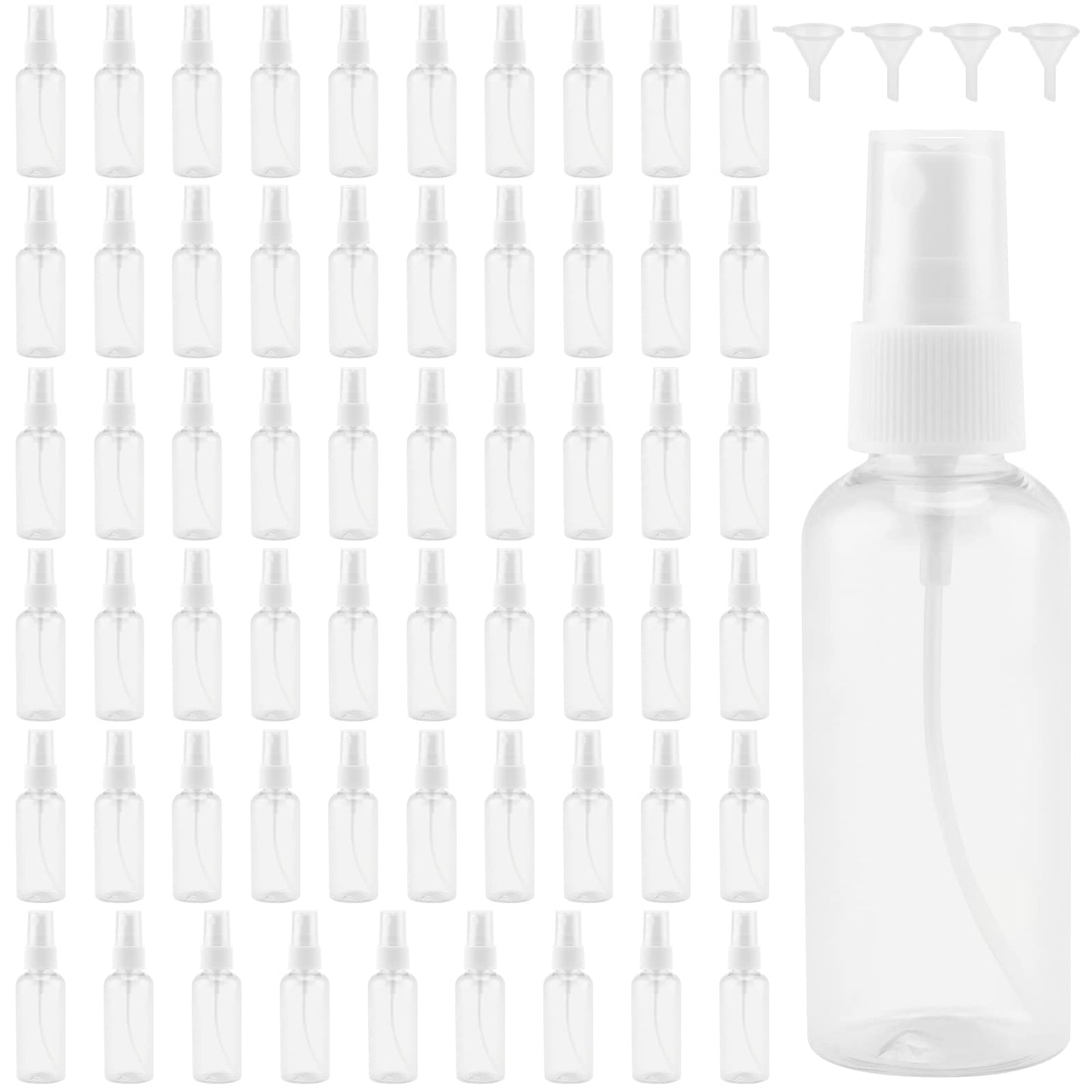 MANCHAP 60 Pack 2oz Plastic Travel Spray Bottles with Caps, Clear Mini Fine Mist Spray Bottles with 4 Funnels, Travel Size Refillable Containers for Essence, Hair Spray, Toner