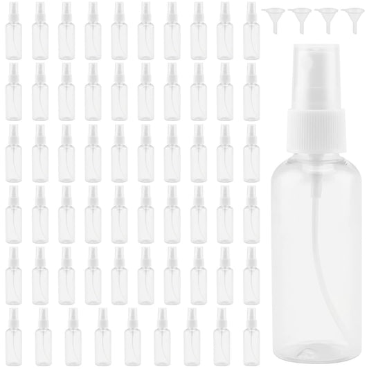 MANCHAP 60 Pack 2oz Plastic Travel Spray Bottles with Caps, Clear Mini Fine Mist Spray Bottles with 4 Funnels, Travel Size Refillable Containers for Essence, Hair Spray, Toner