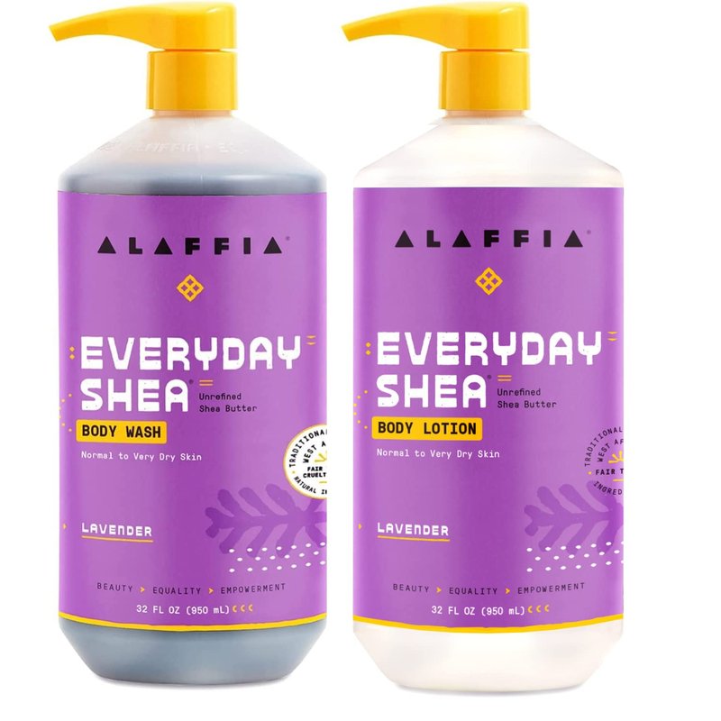 Alaffia Body Wash & Body Lotion Set, EveryDay Shea, Lavender – Gentle Skin Cleanser & Moisturizer for Normal to Very Dry Skin, 32 Oz Ea