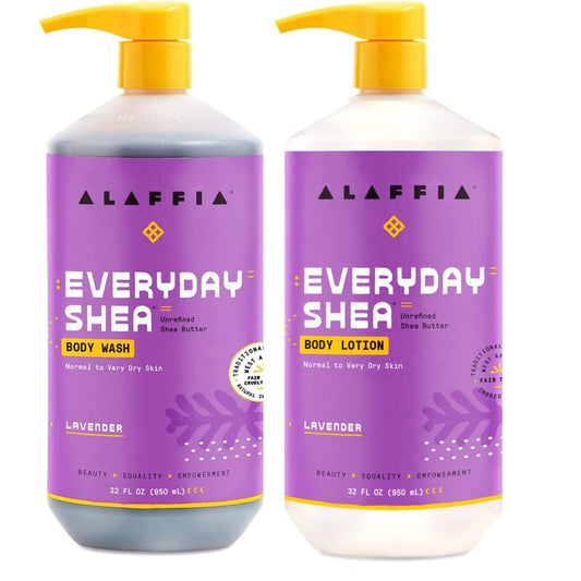 Alaffia Body Wash & Body Lotion Set, EveryDay Shea, Lavender – Gentle Skin Cleanser & Moisturizer for Normal to Very Dry Skin, 32 Oz Ea