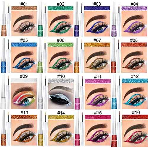 BONNIE CHOICE 16 Colors Glitter Eyeliner Liquid Set, Metallic Glitter Liquid Eyeshadow, Waterproof Long Lasting White Silver Rose Gold Pink Colorful Rainbow Eyeliners Christmas Gifts for Women