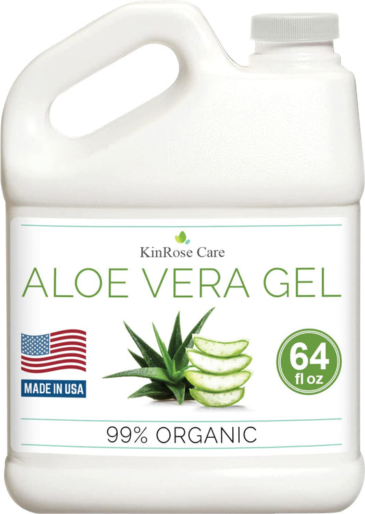 KinRose Care Organic Aloe Vera Gel Bulk - Half Gallon - for Face, Skin, Hair & Sunburn Relief From 100 Percent Pure Aloe Vera - Cold Pressed, Vegan, Unscented - Made in USA (64 Fl Oz)