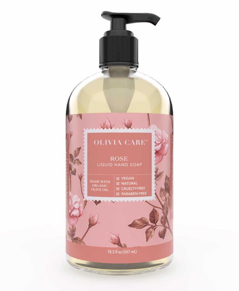 Olivia Care Liquid Hand Soap Rose & Essential Oils. All Natural - Cleansing, Germ-Fighting, Moisturizing Hand Wash for Kitchen & Bathroom - Gentle, Mild & Natural Scented - 18.5 OZ