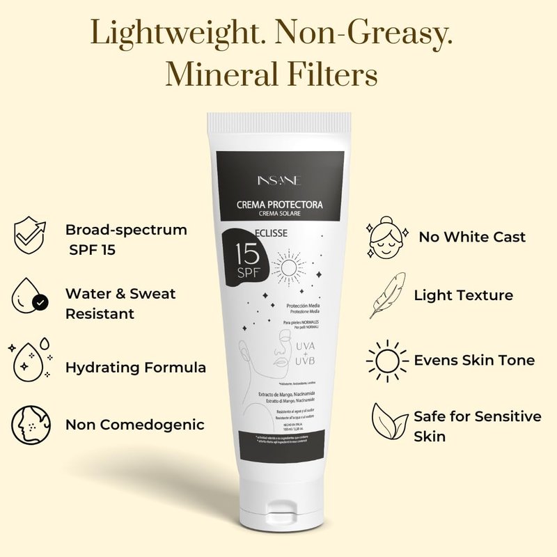INSANE GLOW Mineral Sunscreen SPF 15 with Non-Nano Filters — Broad Spectrum UVA/UVB support, Niacinamide — Mango Extract & Rice Bran Oil — Matte Finish, Water & Sweat Resistant — 3.38 fl oz