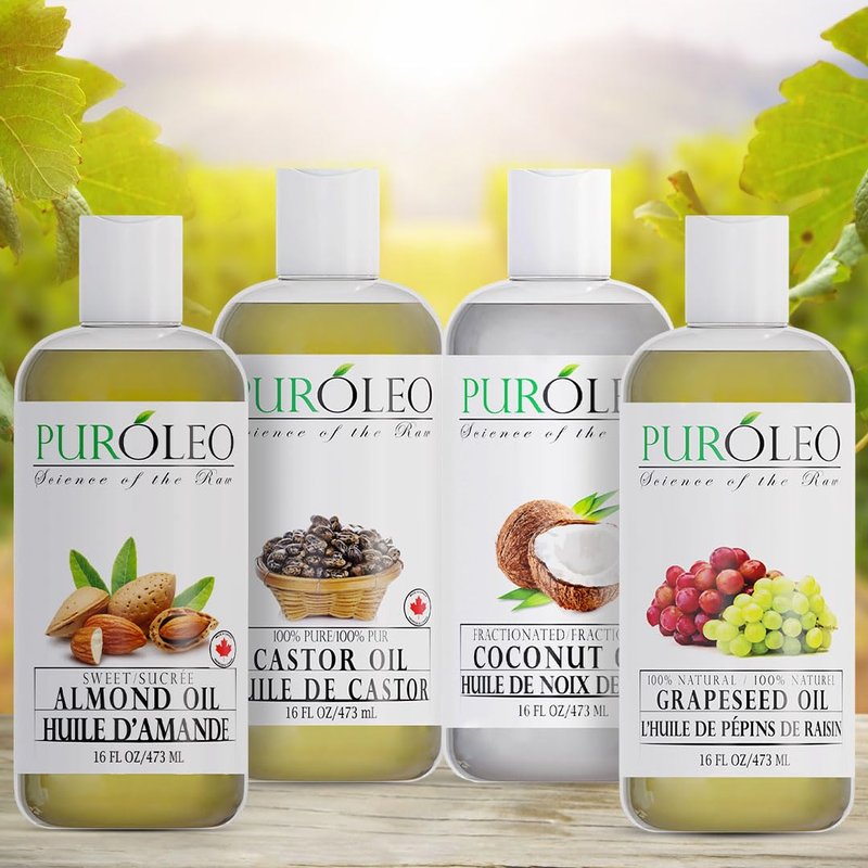 PURÓLEO Carrier Oil Gift Set- 4 Pack - Coconut Oil- Almond Oil - Castor Oil - Grapeseed Oil - 100% Natural Moisturizing Massage 4 Pc (4 Fl Oz)