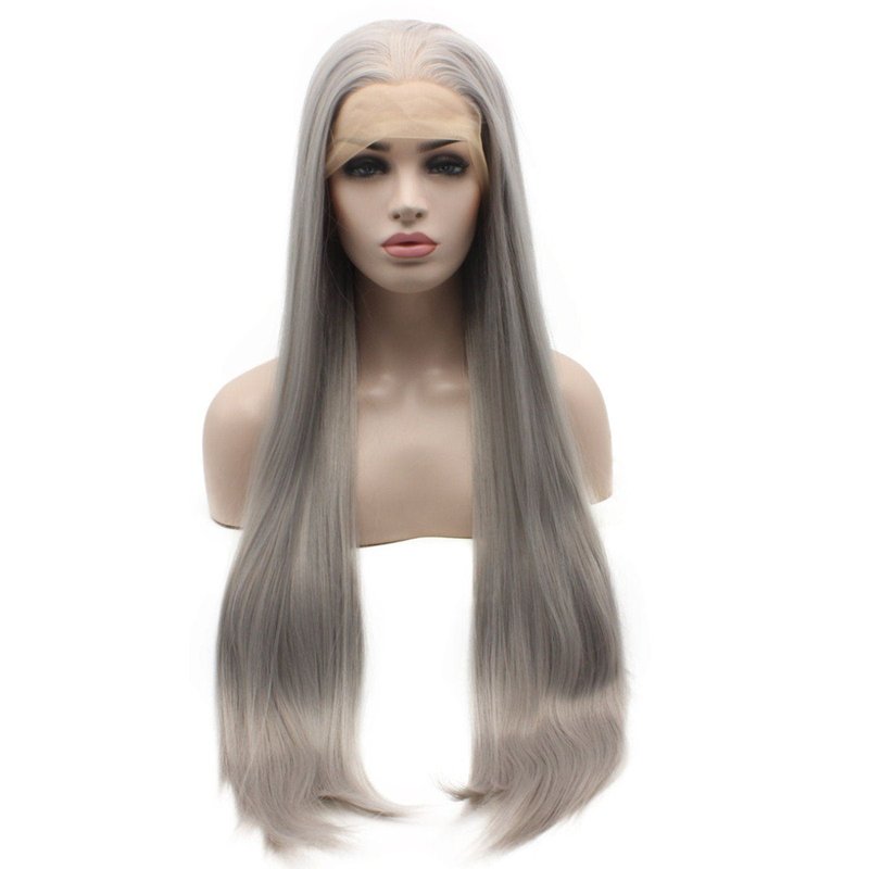 iwonawig Straight Blue Wig Lace Front Synthetic Half Hand Tied Long Light Sky Blue Wig