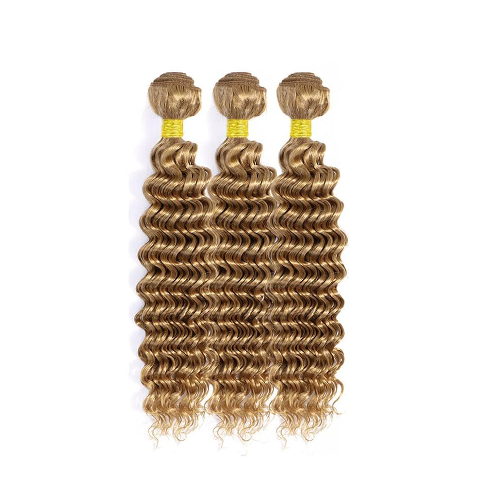 Biliisyff Honey Blonde Bundles Color #27 Deep Wave Human Hair 8 10 12 Inch Color #27 Bundles Grade 8A Brazilian Virgin Hair Extensions Double Weft Soft Real Blonde Hair Weave