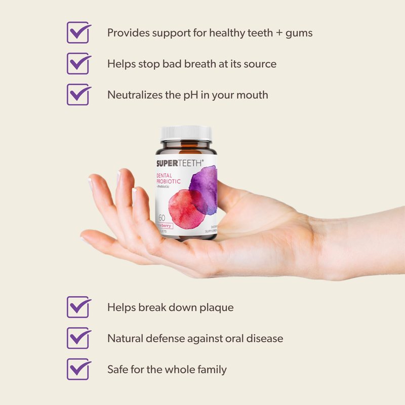 SuperTeeth Oral Probiotics for Mouth Bad Breath & Cavities, Oral Defense Dental Probiotic to Support Healthy Teeth & Gums, Lactobacillus Reuteri Chewable for Kids & Adults, 60 Strawberry Tablets